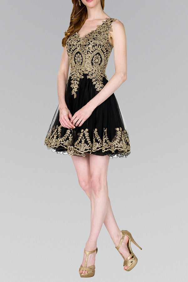 Black/Gold Tulle Short Dress Accented With Gold Lace