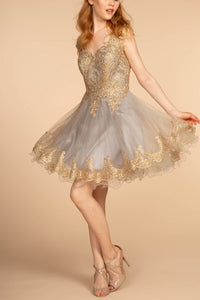 Silver Tulle Short Dress Accented With Gold Lace