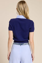Navy Striped Collar Short Sleeve Knit Top