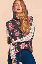 Floral Printw/Crochet Lace Knit Hooded Top