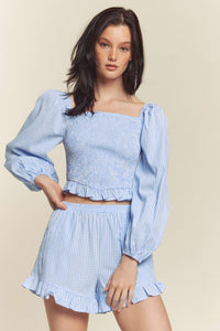 Blue Gingham Smocked Top With Shorts Set