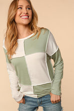 Ivory/Sage Square Color Block Reverse Stitch Knit Top