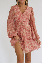 Pink Long Sleeve V Neck Chiffon Mid Dress