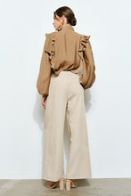 Mocha Soft Wool Blouse With Bow Tie & Pearl Buttons