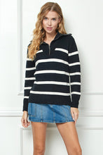 Black Stripe Knit Zip-up High Collared V-neck Sweater