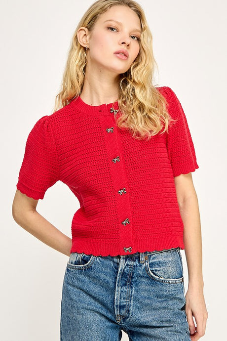 Red Puff Sleeve Ribbon Detail Crochet Cardigan Top