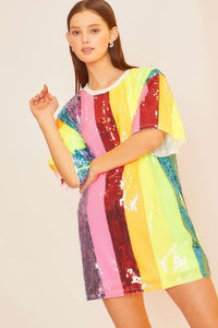 Neon Rainbow Color Block Sequin Tunic Top