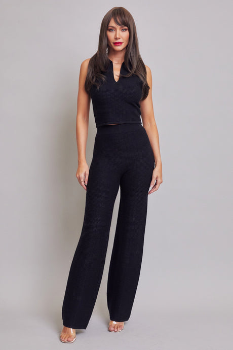 Black Knit Sleeveless Collar Top And Pants Set