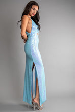 Blue Multi Color Sequin Halter Neck Deep V-Neck Keyhole