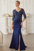 Navy Blue Floor Length Mob Gown With 3/4 Sleeves V Neckline
