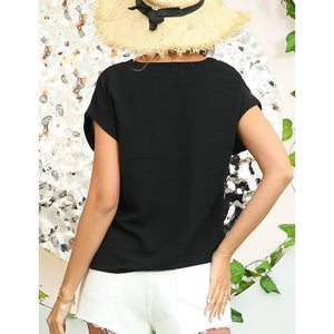 Black V Neck Trim Rolled Short Sleeve Shirts Blouse Top