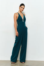 Emerald Crystal Trim Deep V Cross Back Jumpsuit