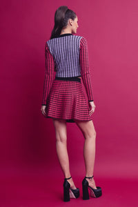 Pink Multi Knit Houndstooth Colorblock Cardigan Skirt Set