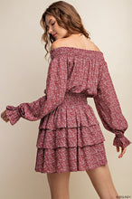 Burgundy Smocked Neckline Mini Dress With Tiered Layers