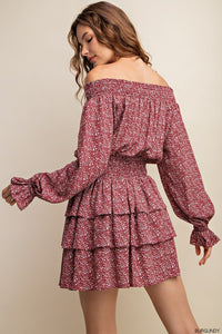 Burgundy Smocked Neckline Mini Dress With Tiered Layers