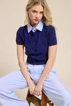 Navy Striped Collar Short Sleeve Knit Top