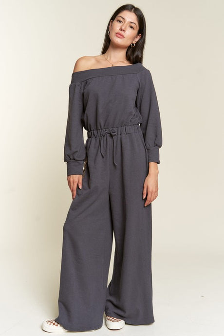 Dark Gray One Shoulder Terry Jumpsuit