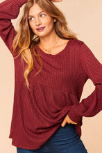 Burgundy Plus Two Tone Rib Babydoll Bubble Sleeve Knit Top