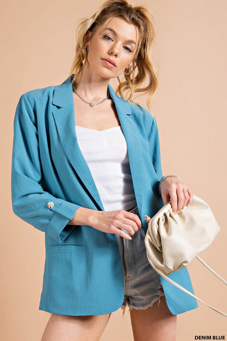 Denim Blue Crinkle Texture Floral Lined Blazer