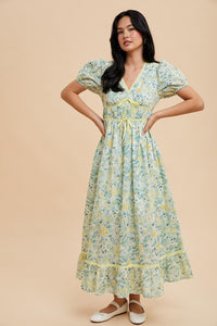 Lemongrass Multi Bow Detail Floral Contrast Puff Dress