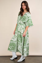 Green Printed V-neck Boho Midi Dress