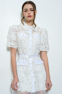 White Short Puff Sleeve Floral Lace Belted Mini Dress