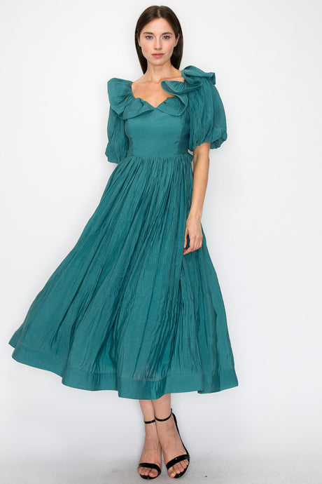 Teal Green Short Puff Sleeve Pleated Ruffle Trim Midi Dress