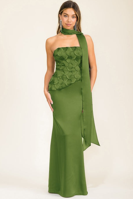 Chartreuse Patterned Top Corset Dress With Matching Scarf