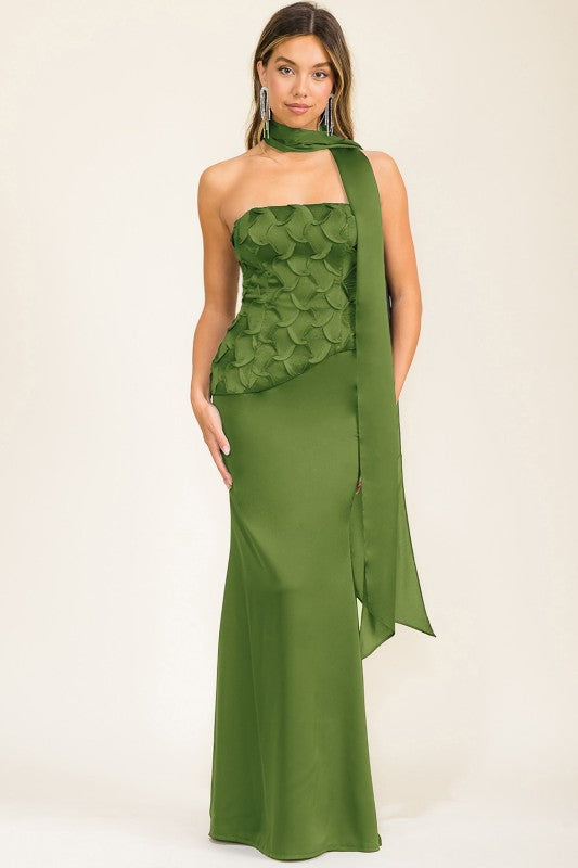 Chartreuse Patterned Top Corset Dress With Matching Scarf