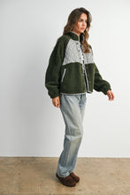 Olive Multi Quilted Plaid Sherpa Fleece Snap Jacket