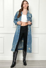 Med Wash Distressed Long Denim Jacket