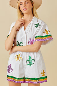 White Mardi Gras Sequin Trim Solid Romper