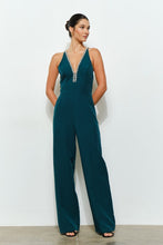 Emerald Crystal Trim Deep V Cross Back Jumpsuit