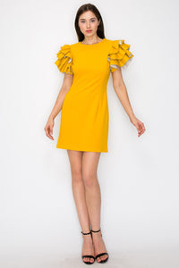 Mustard Faux Leather Ruffled Sleeves Stretch Mini Dress