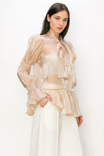 Champagne Shimmer Long Sleeve Neck Ribbon Button Down Top