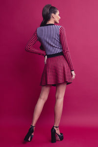Pink Multi Knit Houndstooth Colorblock Cardigan Skirt Set