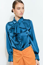 Teal Chic Satin Ruffled Jeweled Bell Sleeves Blouse Top