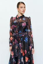 Black Floral Organza Puff Sleeve Belted Shirt Dress