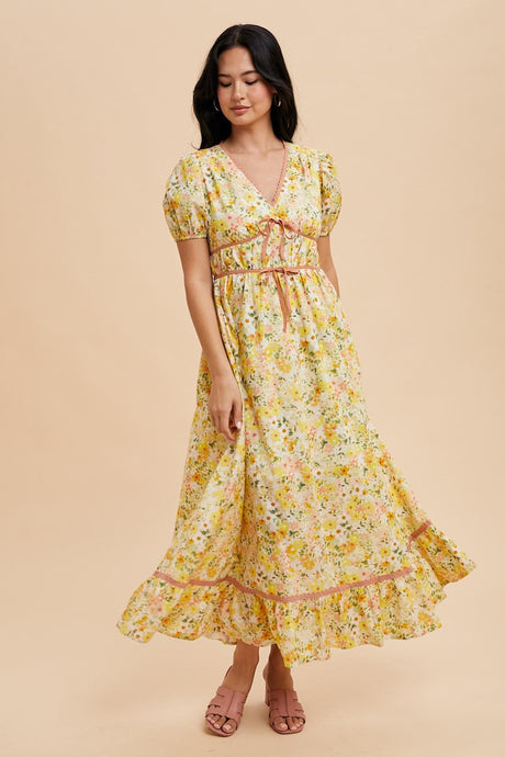Daffodil Multi Bow Detail Floral Contrast Puff Dress