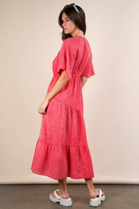 Tomato Mineral Washed Elastic Neck Detail Midi Dress