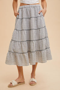 Off White Embroidered Tartan Elastic Midi Skirt