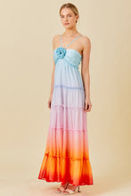 Multi Ombre 3D Flower Ruffle Trim Ombre Print Maxi Dress