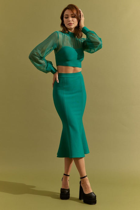 Emerald Green Bandage Crop Top Mesh And Fit Midi Skirt Set