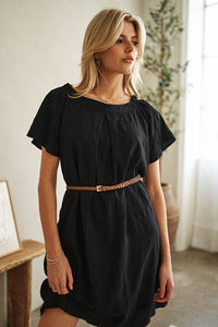 Black Textured Off Shoulder Dress with Ruffle Edge