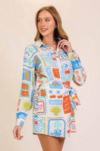 White/Blue Mon Cheri Airflow Print Romper