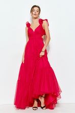 Red Organza Shoulder Strap Cutout Lace-up Maxi Dress