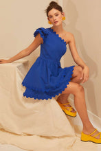 Royal Blue One Shoulder Scallop Edge Trim Solid Dress