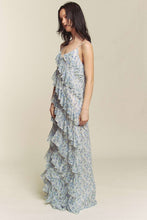 Blue Combo Floral Rufflr Spaghetti Strap Maxi Dress