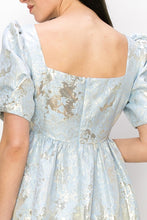 Blue Square Neck Jacquard Glitter Baby Doll Mini Dress