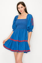 Blue/Wine Square Neck Smocked Embroidered Puff Sleeve Mini Dress